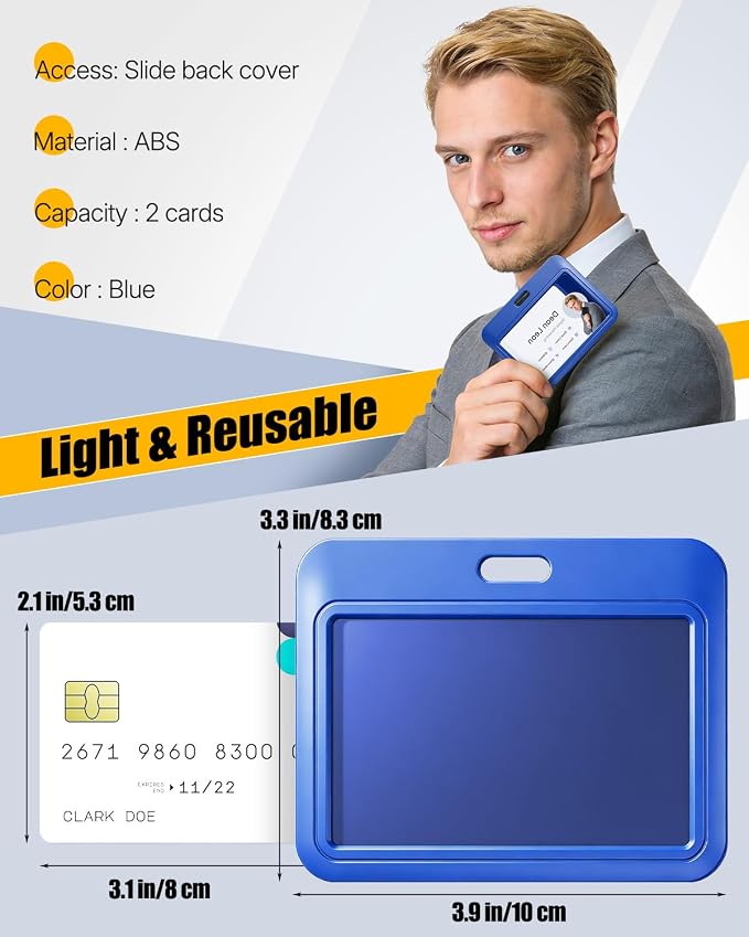 Uniclife 3 Pack Sliding ID Badge Holder Blue Horizontal Hard Plastic Case with Clear Window Card Protector Pouch for Office School ID Credit Cards Proximity Key Cards Driver’s Licenses and Passes
