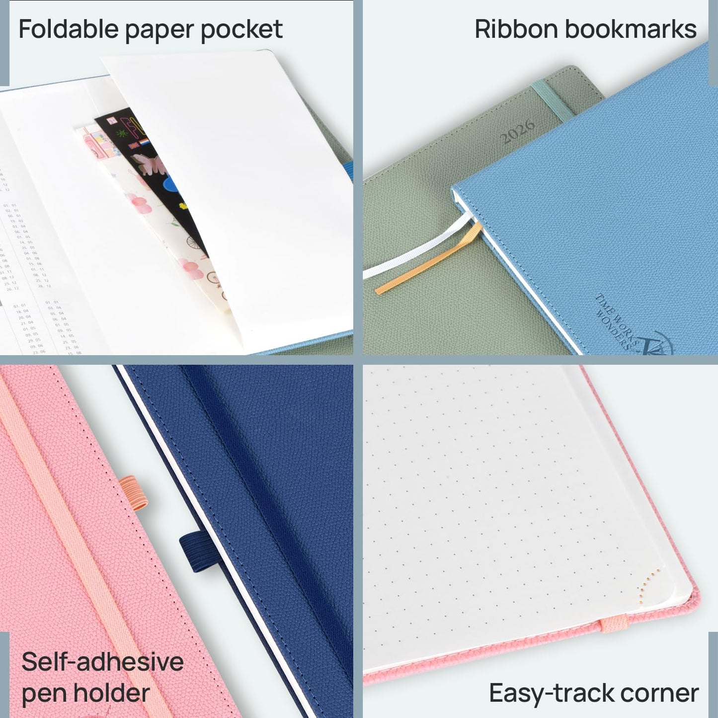 POPRUN Weekly Planner 2026 Calendar (Pocket 4'' x 6.25'') 12 Months Notebook with Horizontal Layout, Leather Hardcover, Inner Pocket, 100GSM Thick Paper, Pen Holder - Navy Blue