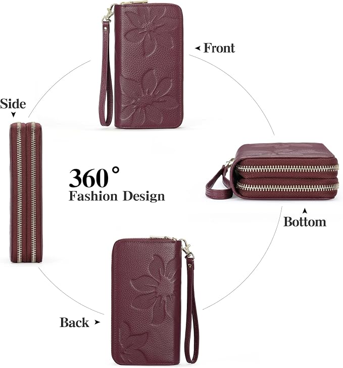 GOIACII Women's Wallet Large Capacity Double Zip Ladies Card Phone Holder RFID Blocking Wristlet Leather