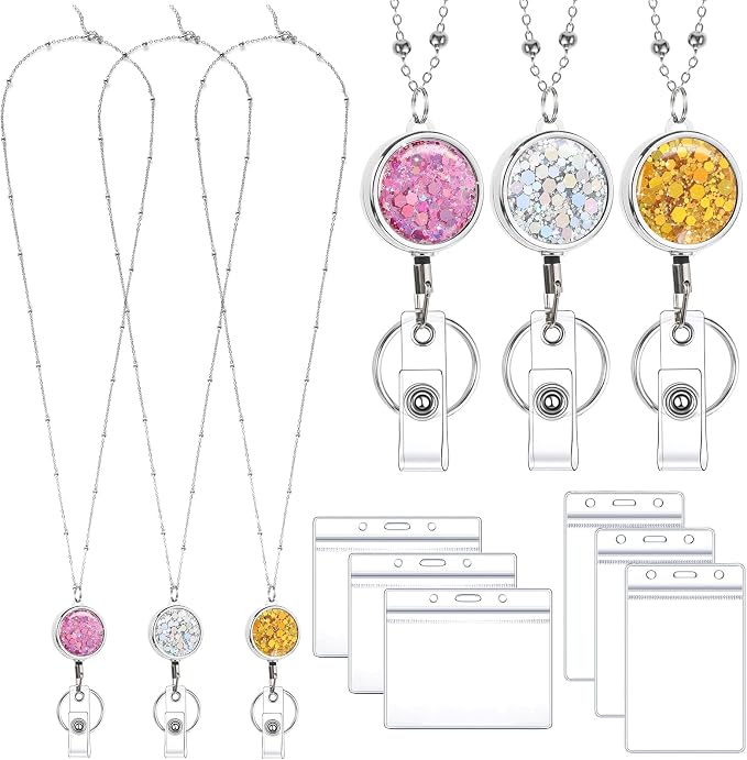 3 Pack Women's Lanyards with 6 Pcs Id Badge Holder for Women's Cruise Lanyards Stainless Steel Glitter Teacher Necklace for Badge Holder Cruise Ship Cards