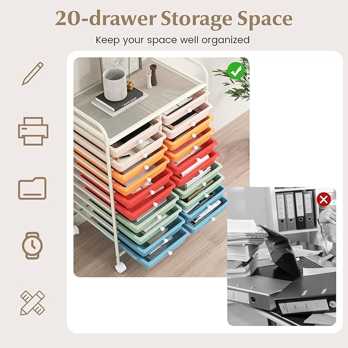 COSTWAY 20-Drawer Rolling Storage Cart, Utility Storage Organizer Cart | For Tools, Scrapbook, Paper, Craft, Multipurpose Storage Trolley on Wheels for Home Office School (Macaron)