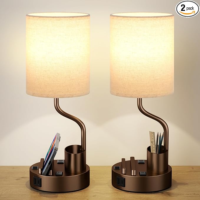 Bedside Lamps for Bedroom Set of 2 - Table Desk Lamp for Nightstand | 15" Table Lamp for Living Room with Pen Holder & Phone Stand, USB A+C Port, AC Outlet, 3 Color Temperature, LED Bulb Included