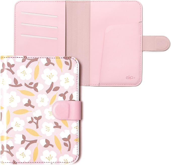 Leatherette Passport Holder with Floral Patterns, Premium PU Leather, Snap Button Closure, Travel Wallet Cover for Passport, Boarding Pass, and Cards (Kapok pink)