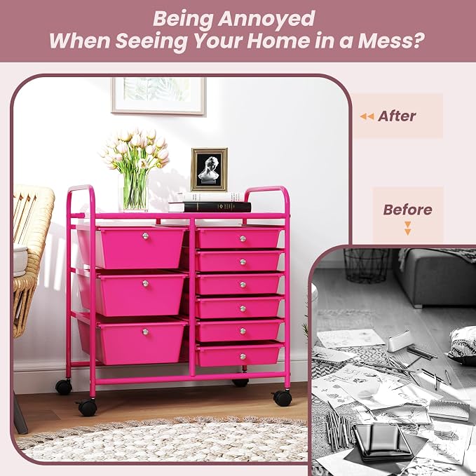 9 Drawer Rolling Storage Cart, Rolling Cart with Drawers for Classroom, Art Supply Craft Organizer on Wheel with Metal Frame & Handles for Home Office School