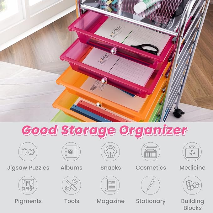 COSTWAY 10-Drawer Rolling Storage Cart, Utility Mobile Trolley | Removable Drawers & Universal Casters & 2 Brakes, Versatile Flexible Drawer Organizer Cart for Home, Office (Rainbow)