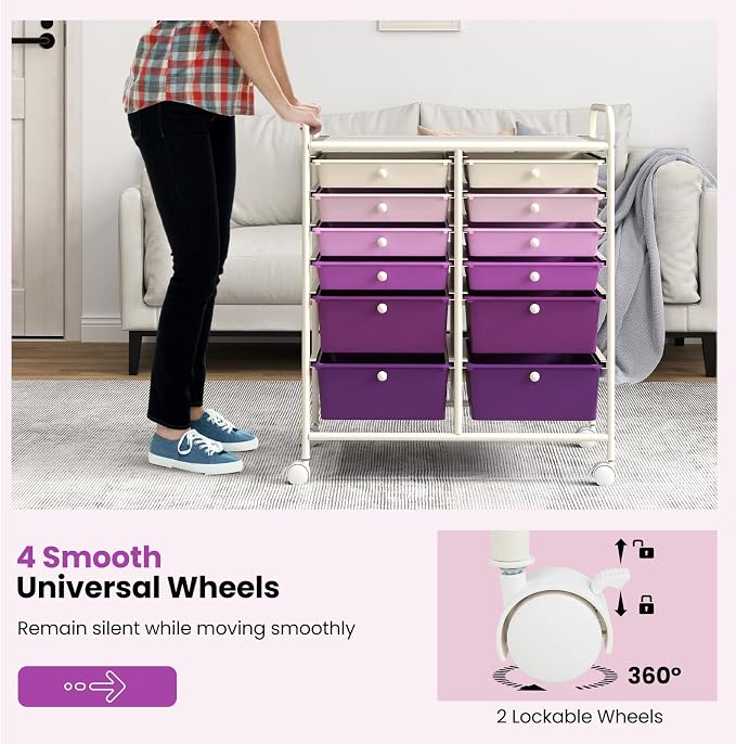 12 Drawer Rolling Storage Cart, Craft Cart Organizer on Wheels with Metal Frame, Large Capacity & Smooth Drawers for Living Room, Classroom, Office (Gradient Purple)