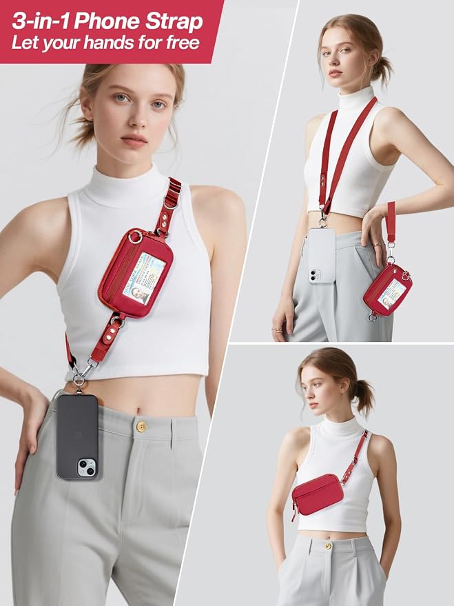 Tiostep Clip and Go Strap for Phone with Wallet Crossbody Phone Lanyard Adjustable and Detachable RFID Wristlet Wallet (Red, Medium)
