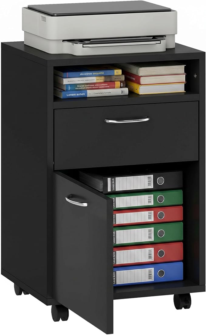 HOMCOM Mobile Storage Cabinet Organizer, Bathroom Drawer Cabinet, Black | Printer Stand, Castors