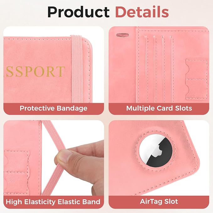 Passport Holder Travel Women Men, Passport Wallet with Airtag Slot, Pink | RFID Blocking PU Leather Passport Holder Cover Case with Card Holder, Pen Slot