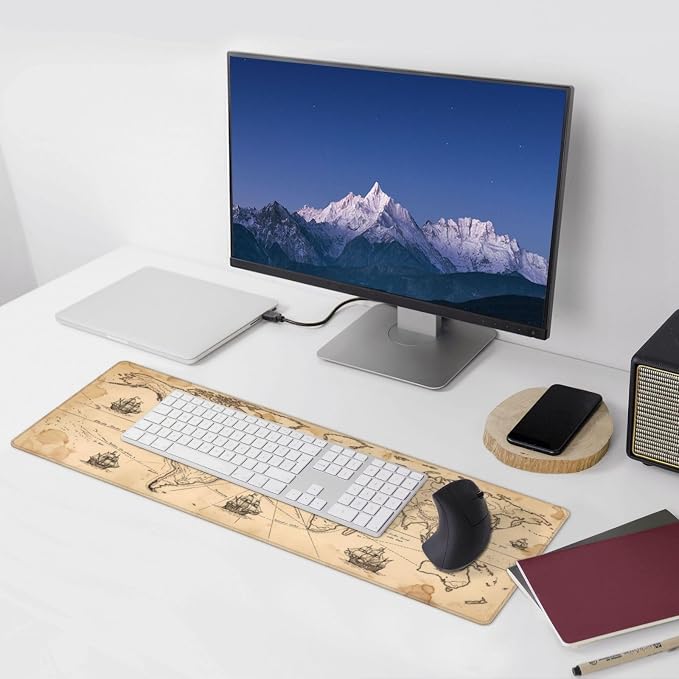 Vintage Map Gaming Mouse Pad Large Extended Desk Mat Non-Slip Rubber Base Keyboard Pad with Stitched Edges for Office Gaming 31.5x11.8 in