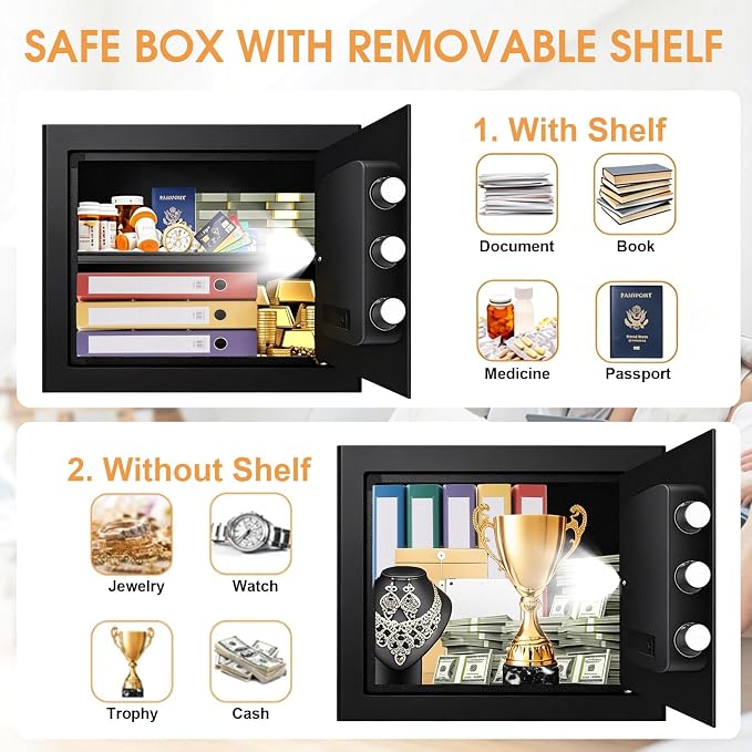 1.8 Cub Small Fireproof Safes for Home, Digital Security Home Safes Fireproof Waterproof with Programmable Keypad Keys and Alarm System, Anti-Theft Fire Safe Box for Document Money Valuables