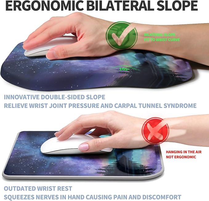 Ergonomic Raised Mouse Pad Wrist Support with Bilateral Slope Memory Foam Mousepad for Wrist Rest and Carpal Tunnel Pain Relief 11.8x7.9〃 Aurora Starry Night