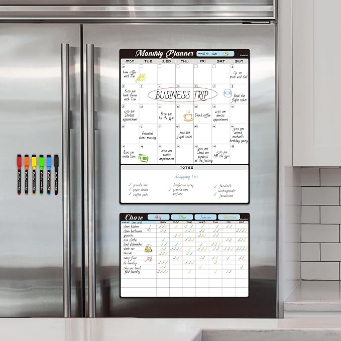 Magnetic Dry Erase Monthly Calendar Set - 15.5"x13" Monthly Calendar and 8.5"x13" Chore Board for Fridge - 6 Extra Fine Point Markers Included - Shipped Flat