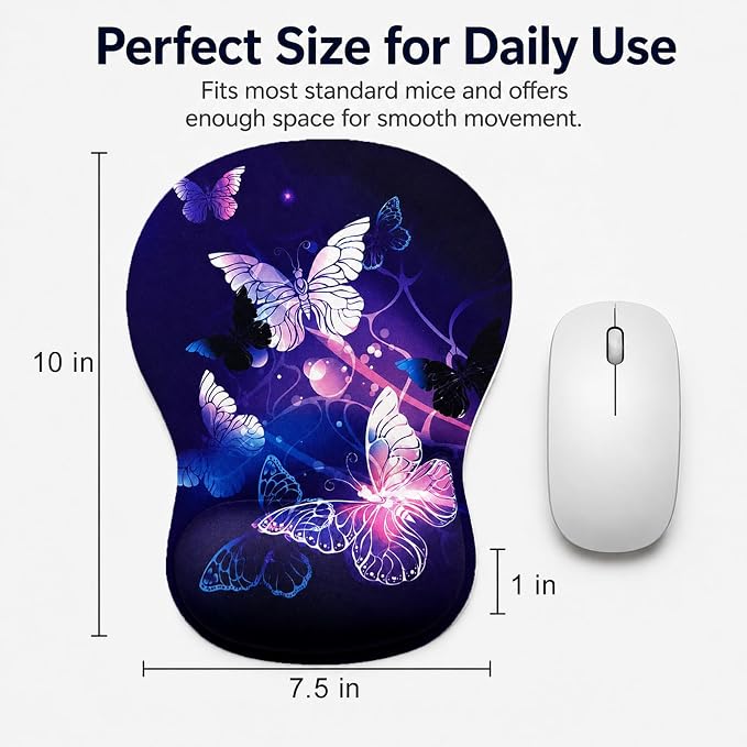 Mouse Pad with Wrist Rest Ergonomic Memory Foam Support, Non-Slip Rubber Base, Comfortable Typing Cushion for Home Office Computer Laptop, Butterfly