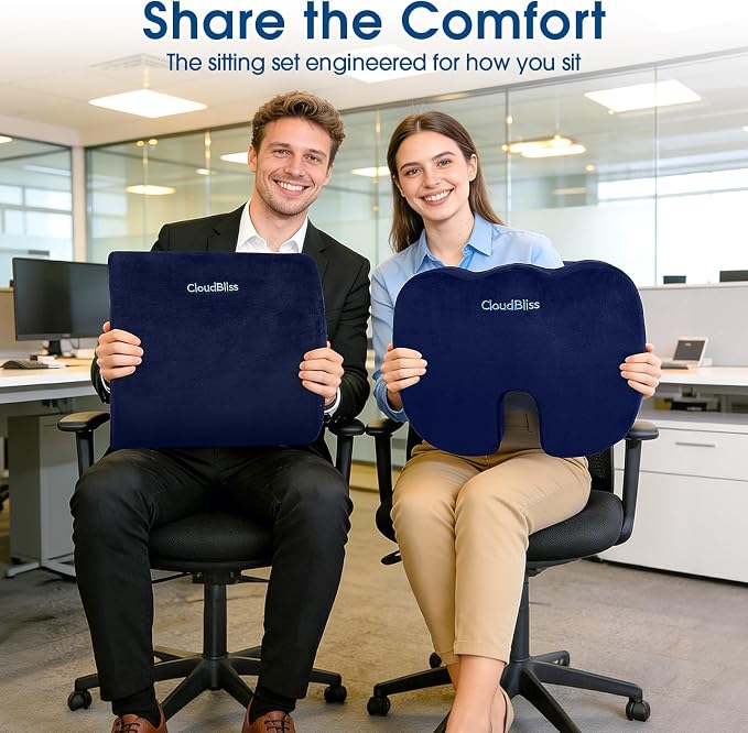 CloudBliss Lumbar Support Pillow & Seat Cushion Set for Office Chair, Desk Chair, Wheelchair & Car–Memory Foam Back Support,Ergonomic Chair Cushions, Sciatica Pain Relief,Home Essentials(Blue,XL)