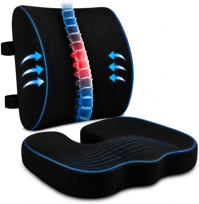 Ergonomic Seat Cushion & Lumbar Support Pillow for Office Chair | Memory Foam Seat Cushions for Tailbone Pain Relief, Sciatica & Lower Back Support for Desk Chair Car Home, Washable, Non Slip
