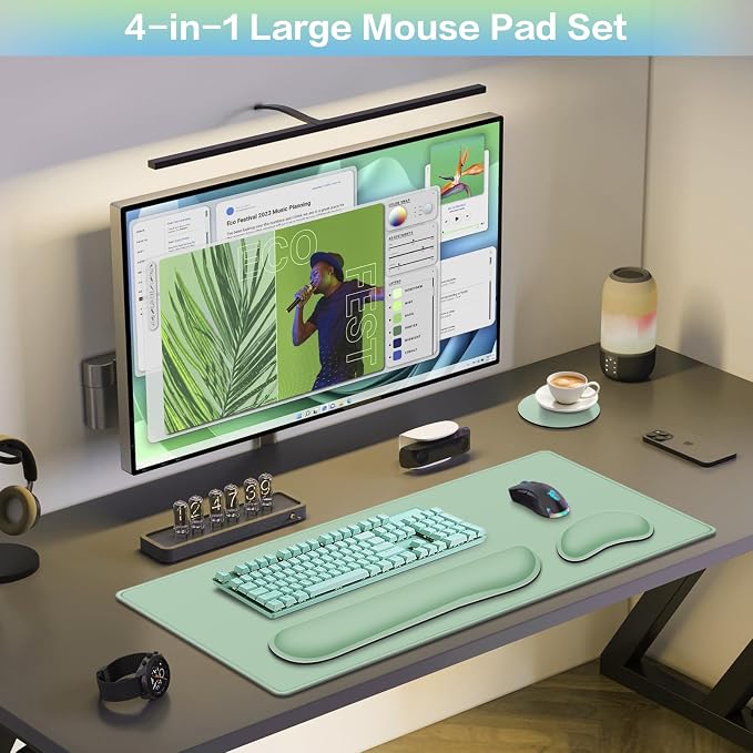 Desk Mat Green, Large Gaming Mouse Pad with Wrist Rest, 4in1 XXL | Mousepad+Keyboard Wrist Rest+Mouse Pad Wrist Support+Cup Coaster Set Ergonomic Computer Desk Arm Wrist for Decor