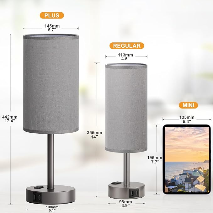 Grey Nightstand Bedroom Lamp - 3 Way Dimmable Bedside Lamp USB C A Charging Ports and AC Outlet, Small Table Lamp Linen Lampshade for Office Desk