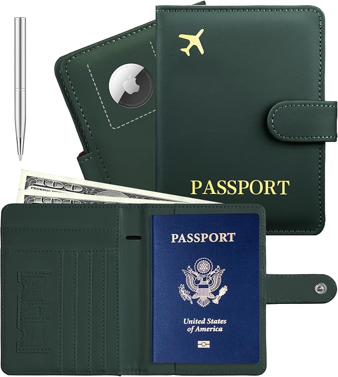 Passport Holder with AirTag Slot, Travel Passport Book Wallet | RFID Blocking, PU Leather, Cards Pocket, Cash Pocket, Passport Case, Women Men Travle Gifts, Travel Essentials