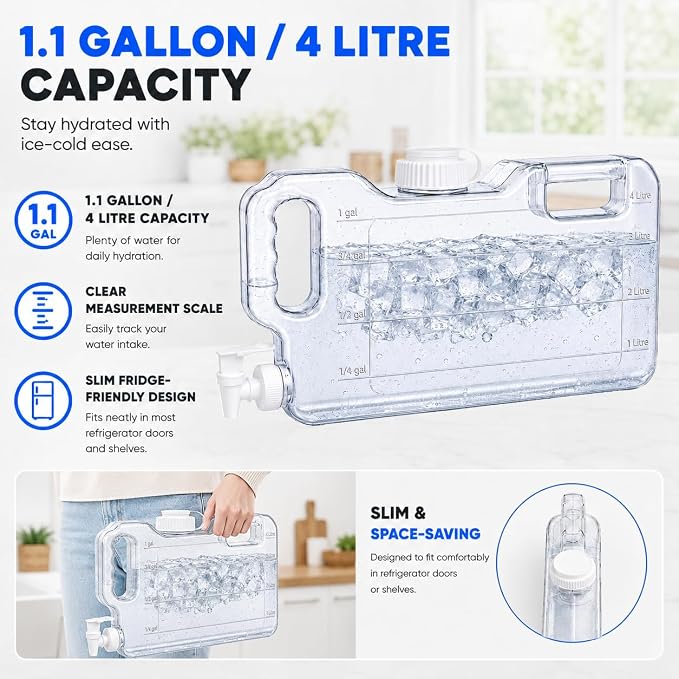 Fridge Water Dispenser with Leak-Proof Spigot, Reusable Refrigerator Drink Dispenser with Handle, Water Jug Beverage Container for Iced Tea, Juice, Lemonade, Party and Daily Use (2, 1.1 Gallon)