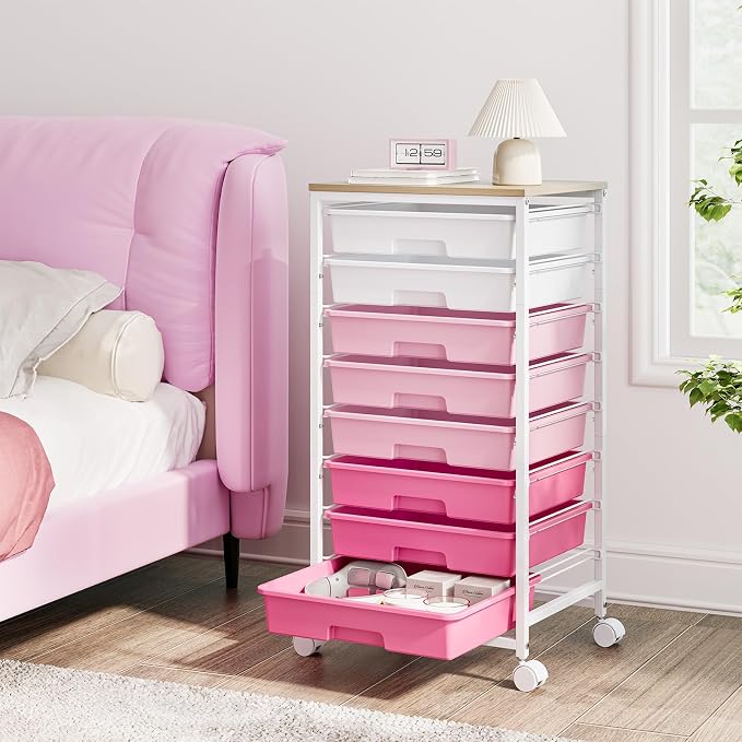 TOOLF Rolling Storage Cart with 8 Drawers,Rose Pink | Utility Cart on Wheels with Wooden Tabletop,Teacher Organization for Classroom, Art Cart for Office,Bedroom,Craft Room