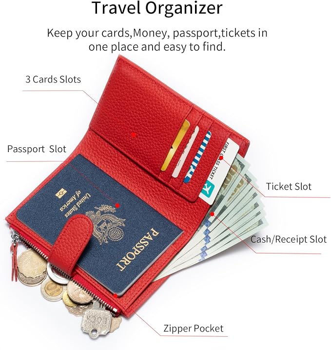 Passport wallet and Card Slot Combo RFID Blocking Leather Travel Passport Wallet for Men and Women with Zippered Coins Pocket Passport holder, Red