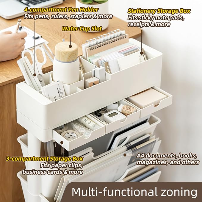 5 Tier Rolling Book Cart Multi-Functional Movable Storage Bookshelves | rolling bookshelf,Movable Storage Bookshelves with Lockable Wheels for Study Office Library Classroom,