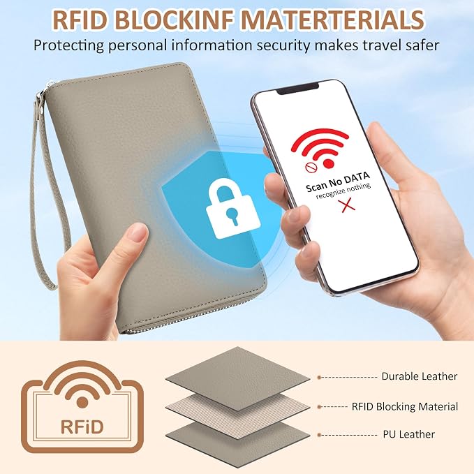 RFID Passport Holder for Travel Family with Coin Pocket,E-Grey | Leather Passport Cover for 2, Travel Document Organizer with Wrist Strap & 24 Card Slots, for Women Men