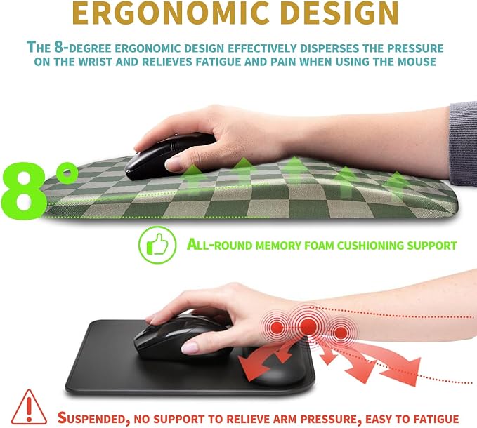 Hokafenle Ergonomic Mouse Pad Wrist Support with Massage Design, Wrist Rest Pain Relief Mousepad with Memory Foam&Non-Slip PU Base, Mouse Pads for Wireless Mouse & Desk (12x8 inch,Checkerboard)