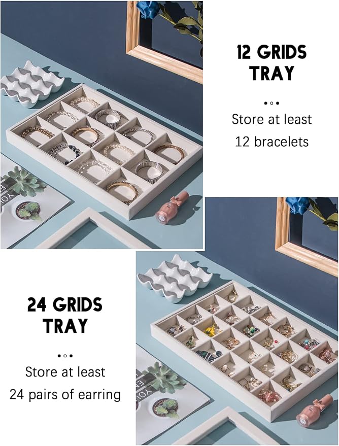 Coward Set of 5 Stackable Jewelry Organizer Tray Necklace Earring Box Storage Ring Bracelet Display Holder (beige(ring+necklace+12girds+24girds+The glass lid))