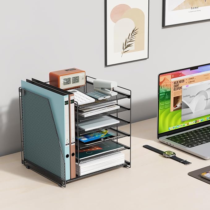 gianotter 6-Tier Paper Organizer With Magazine Holder | Desk Organizers and Accessories, File Organizer for Office Supplies Storag (Black, 6-Tier)