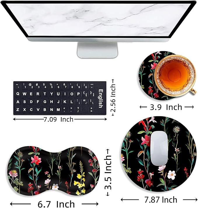 Mouse Pad+Mouse Wrist Rest Support Set+Coaster,Memory Foam Ergonomic Easy Typing Pain Relief,Non-Slip Rubber Base Small Mousepad for Computer,Laptop,Home & Office,Garden Flowers