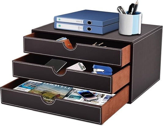 PU Leather Desk Organizer with 3 Drawers,Executive Office Supplies Desktop Filing A4 File Cabinet/Holder for Jewelry/Bill/Paper/Documents/Makeup Home Decor Stationery Storage Box,Brown