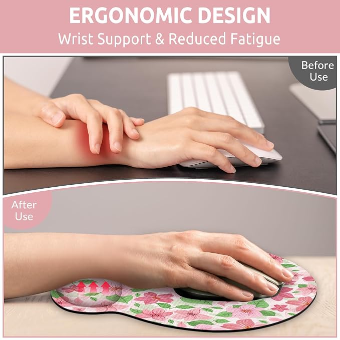 KONVINIT Ergonomic Mouse Pad with Wrist Rest, Small Mousepad with Non-Slip Rubber Base and Smooth Surface, Pink Floral Mouse Pads for Desk, Office Desk Accessories