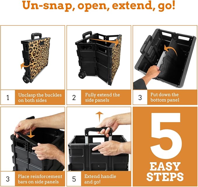 Ultra-Slim Rolling Collapsible Storage Pack-N-Roll Utility-carts, with Telescopic Handle, for Home, Garden, Shopping, Office, School use, Large, Leopard