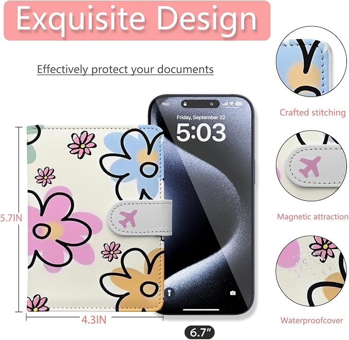 Passport Holder, Cute Travel Wallet Cover with RFID Blocking,flower | PU leather travel wallet with magnetic closure, card slots, pen loop, and easy access for passports and essentials.