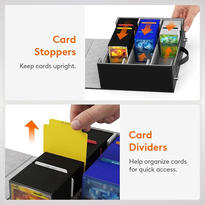 Lifewit Trading Card Storage Box with Handle, Holds Up to 1800 Sleeved Cards with 12 Adujstable Dividers & 4 Stoppers, Aluminum Closure PU Leather Case for MTG, PTCG, YGO, Sports Cards, Black& Gray