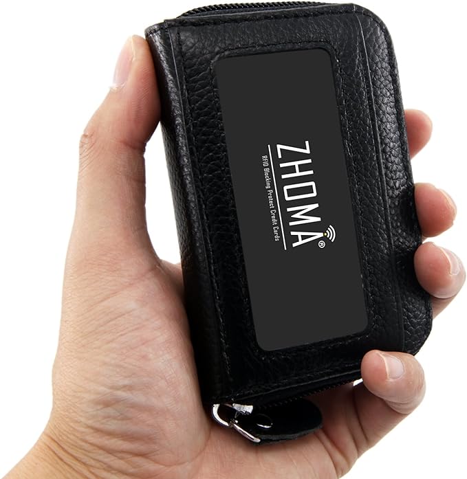 RFID Blocking Genuine Leather Credit Card Case Holder Security Travel Wallet - Black