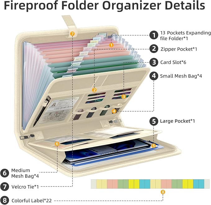 Fireproof Accordion File Organizer, Expanding File Folder with 13 Pockets | Portable Document Organizer with Waterproof Zipper & Labels, File Organizer for Important Document/Paper Storage, Khaki