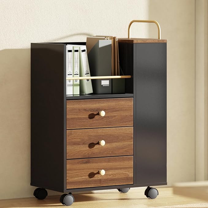 Mobile File Cabinet Under Desk with 3 Drawer, Lockable Wheels | Rolling Filing Cabinet, Utility Cart with Open Storage Shelves Home Office Fits A4/Legal, 19.7" x 11.8" x 26.3", Black Walnut