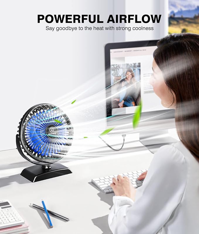 JZCreater USB Desk Fan, 360 Rotation Personal Cooling Fan with 3 Speeds, Quiet, Small, USB Powered for Home, Office, Bedroom, Car, Travel, Black
