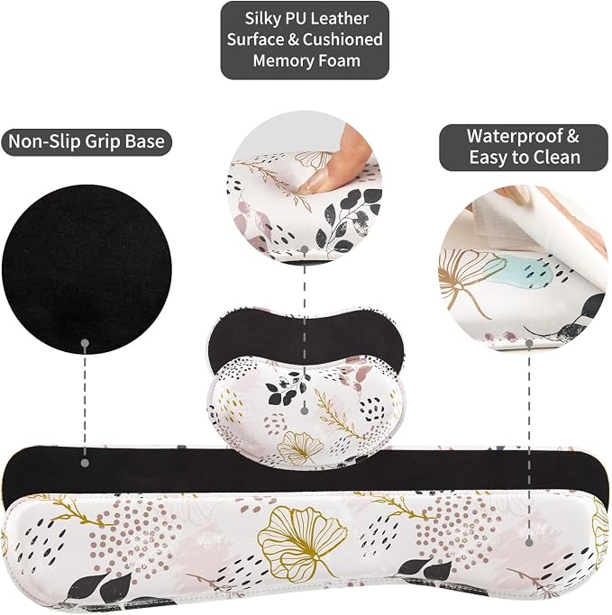 QIYI PU Leather Desk Mat Set, 4-in-1 Ergonomic Wrist Rest, Botanical Leaf | Waterproof Large Mouse Pad 31.5×15.7 + Keyboard Wrist Rest + Mouse Wrist Support+Coaster, Non-Slip Office Gaming Accessories