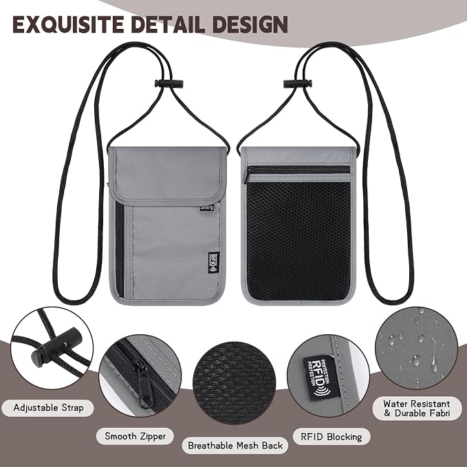 Likesing 5.5" L x 7.9" W Travel Neck Wallet, RFID Passport Pouch-Light Grey | RFID Blocking Passport Holder for Travel, Security Lightweight Passport Travel Wallet, Neck Pouch Gifts for Women Men