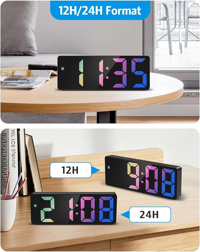 AMIR Digital Alarm Clock Large Display, LED Alarm for Bedroom, USB/Battery Powered Bedside Alarm Clock with Snooze, 12/24H, 3 Adjustable Brightness, Temperature, Desk Clock for Home, Office, Colorful