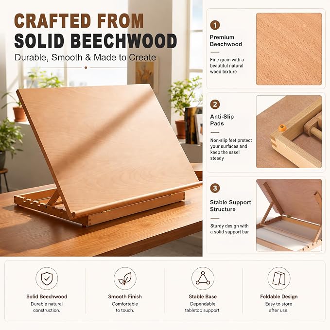 24.9"x17.3" Beechwood Tabletop Easel with Paint and Sketch Papers,Mask Tape | Extra Large Adjustable Art Easel Stand, Drawing Board for Painting, Sketching and Diamond Art