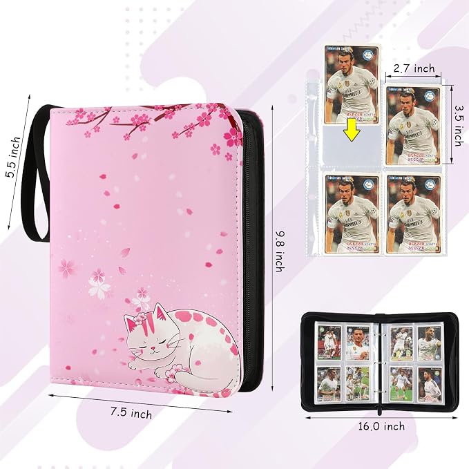 Card Binder 4-pocket,400 Pockets Trading Card Holder Album Book Case for TCG Cards Collection Sports Trading Cards Collector Album for Boys Girls Toys Gift Pink Sakura Cat