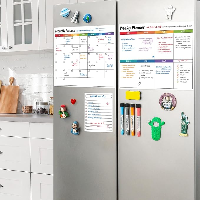 Dry Erase Magnetic Calendar for Refrigerator, 3 Pack- Monthly & Weekly & Daily Planner Magnet Whiteboard for Fridge Wall Door - Shopping, Meal/Menu, To Do List, Family Schedule Planning Board, 14"x11"