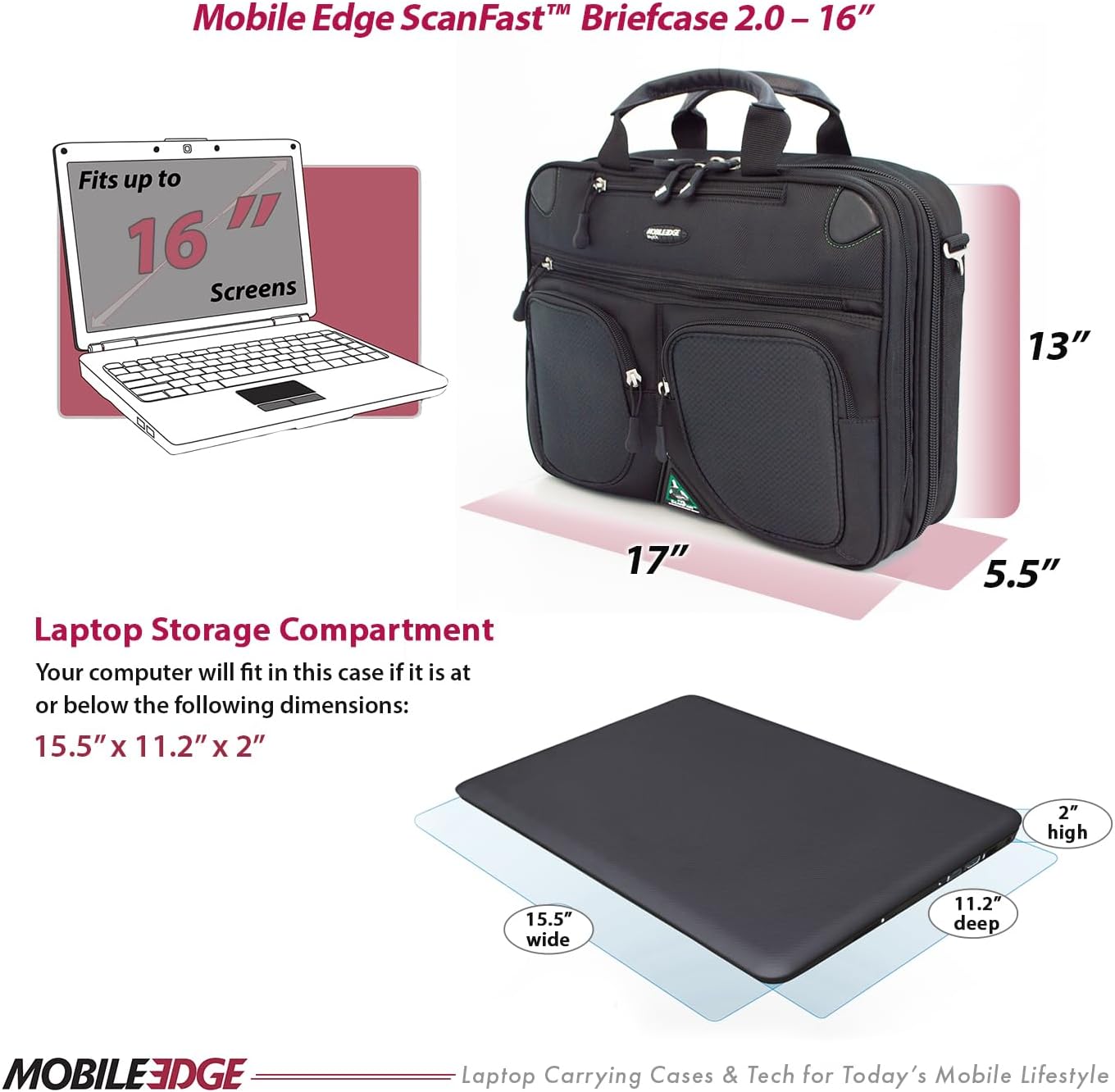 Mobile Edge ScanFast Laptop Briefcase Bag for Men and Women, for 16" PC and Compatible with MacBook 17", TSA Checkpoint Friendly, Black