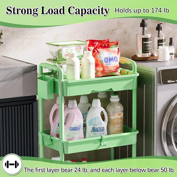 SUNALLY 3 Tier Rolling Cart with Drawer, Craft Storage Cart Organizer,Green | Bathroom Storage Organizer with 2 Lockable Wheels, Rolling Utility Cart for Kitchen, Office, Baby, Makeup, Nail,Snack,Laundry