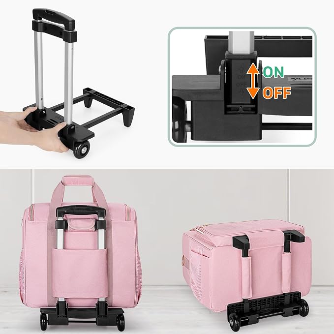 LUXJA Rolling Teacher Bag with Wheels and 15.6" Laptop Compartment, Pink | Rolling Briefcase for Women, Teacher Tote Bag for Office Work with Detachable Dolly and Shoulder Strap, Ample Storage Pockets